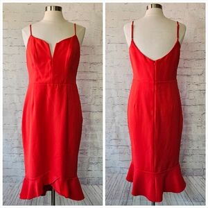 Bardot Red Split Neck Ruffle Hem Midi Dress 10 Large